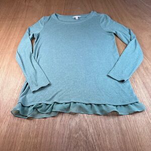 LC Lauren Conrad Small Teal Knit Top Ruffle Chiffon Hem Long Sleeve